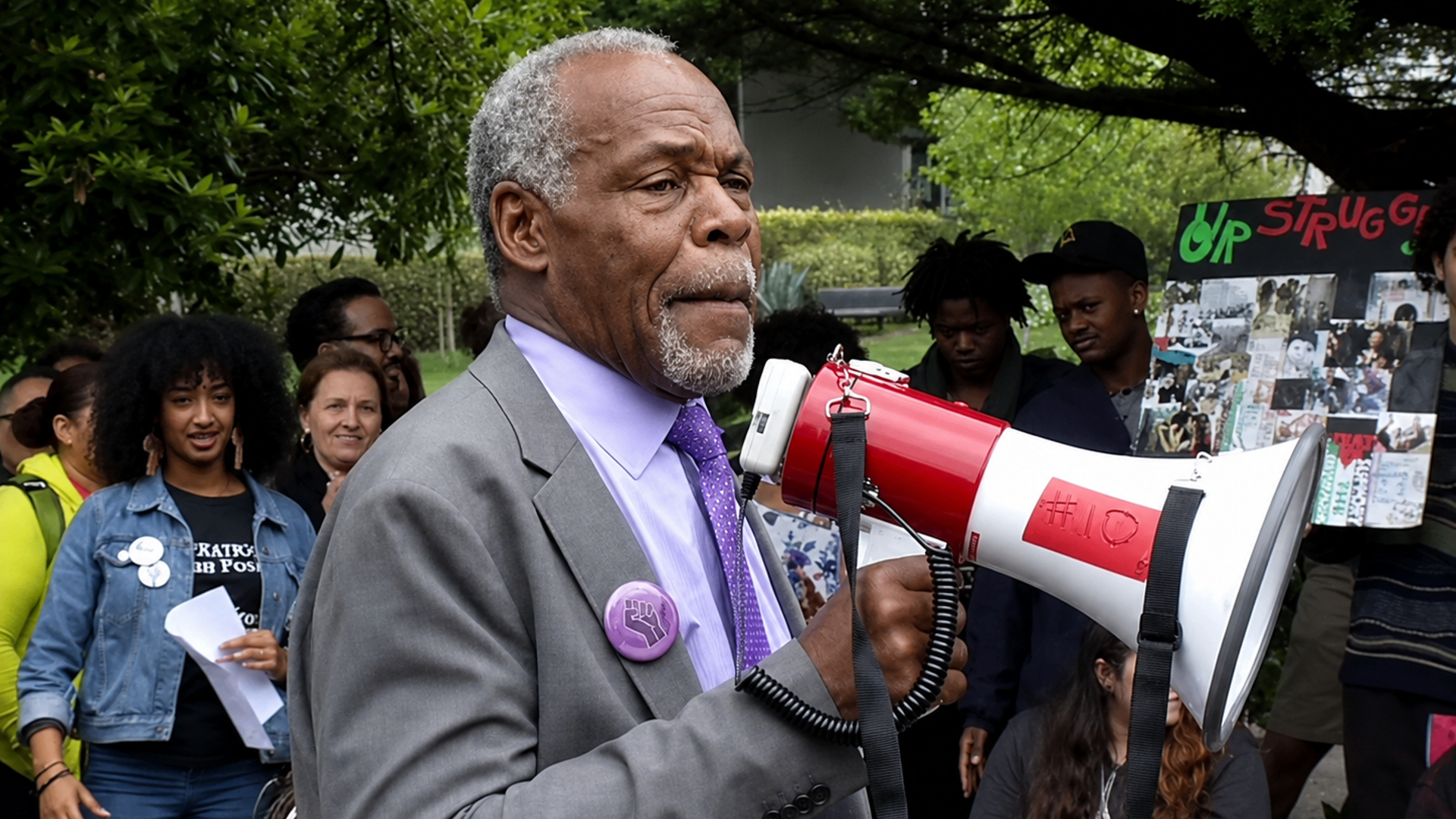Danny Glover speaking during an Ethnic Studies advocacy action at San Francisco State University